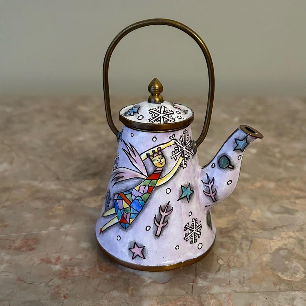 Enamel on Brass Angel Fairy Snowflake Mini Decorative Teapot